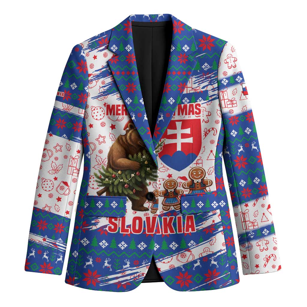 Slovakia Christmas Blazer with Bear Holding Tree Gingerbread Cookies and Red Blue Snowflake Pattern Design - Wonder Print Shop