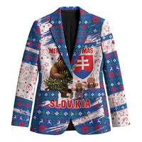 Slovakia Christmas Blazer with Bear Holding Tree Gingerbread Cookies and Red Blue Snowflake Pattern Design - Wonder Print Shop