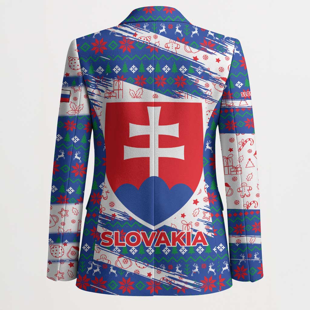 Slovakia Christmas Blazer with Bear Holding Tree Gingerbread Cookies and Red Blue Snowflake Pattern Design - Wonder Print Shop