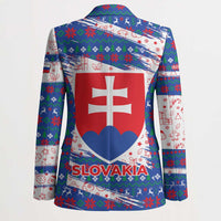 Slovakia Christmas Blazer with Bear Holding Tree Gingerbread Cookies and Red Blue Snowflake Pattern Design - Wonder Print Shop