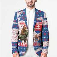 Slovakia Christmas Blazer with Bear Holding Tree Gingerbread Cookies and Red Blue Snowflake Pattern Design - Wonder Print Shop