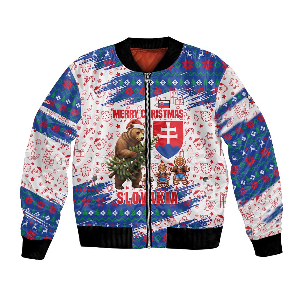 Slovakia Christmas Bomber Jacket with Bear Holding Tree Gingerbread Cookies and Red Blue Snowflake Pattern Design - Wonder Print Shop