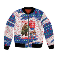 Slovakia Christmas Bomber Jacket with Bear Holding Tree Gingerbread Cookies and Red Blue Snowflake Pattern Design - Wonder Print Shop