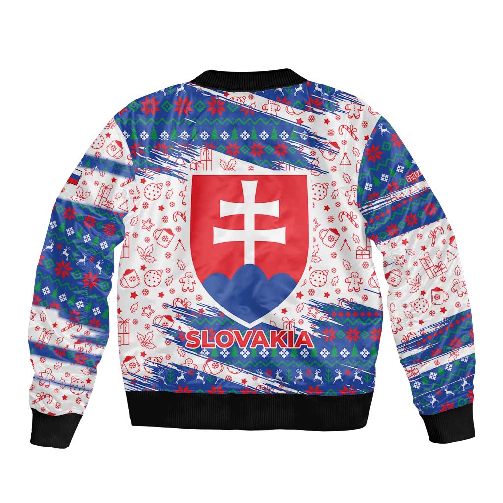Slovakia Christmas Bomber Jacket with Bear Holding Tree Gingerbread Cookies and Red Blue Snowflake Pattern Design - Wonder Print Shop