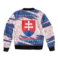 Slovakia Christmas Bomber Jacket with Bear Holding Tree Gingerbread Cookies and Red Blue Snowflake Pattern Design - Wonder Print Shop