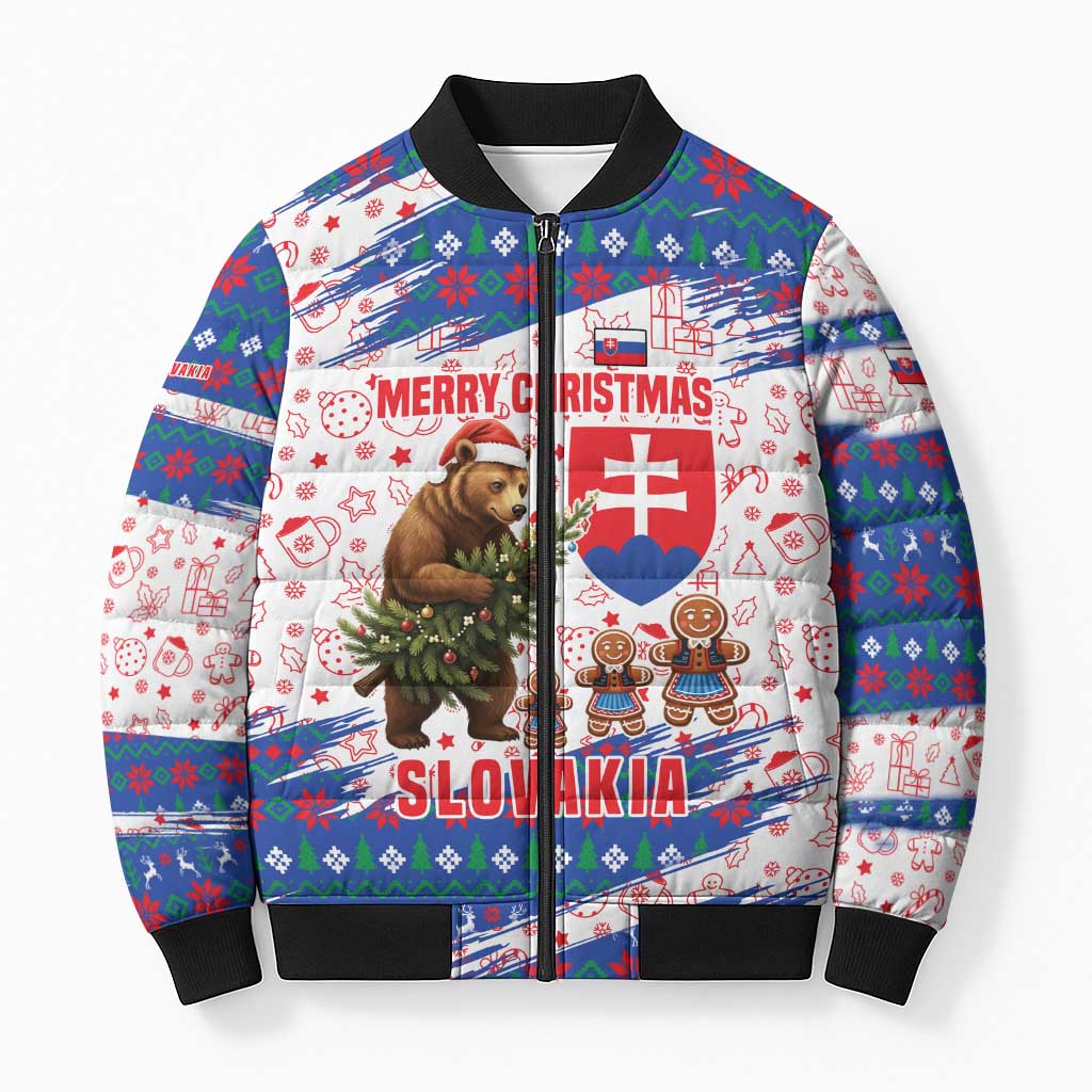 Slovakia Christmas Bomber Puffer Jacket with Bear Holding Tree Gingerbread Cookies and Red Blue Snowflake Pattern Design - Wonder Print Shop