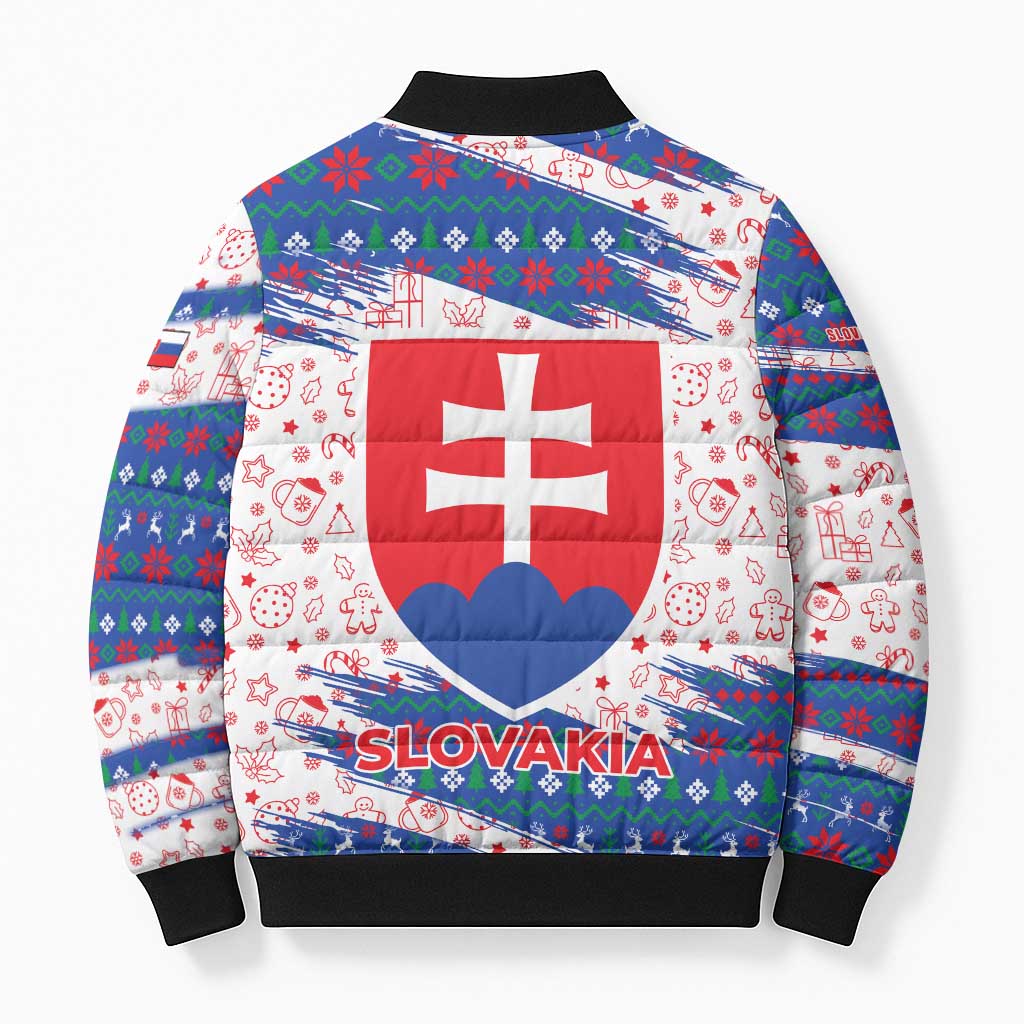 Slovakia Christmas Bomber Puffer Jacket with Bear Holding Tree Gingerbread Cookies and Red Blue Snowflake Pattern Design - Wonder Print Shop