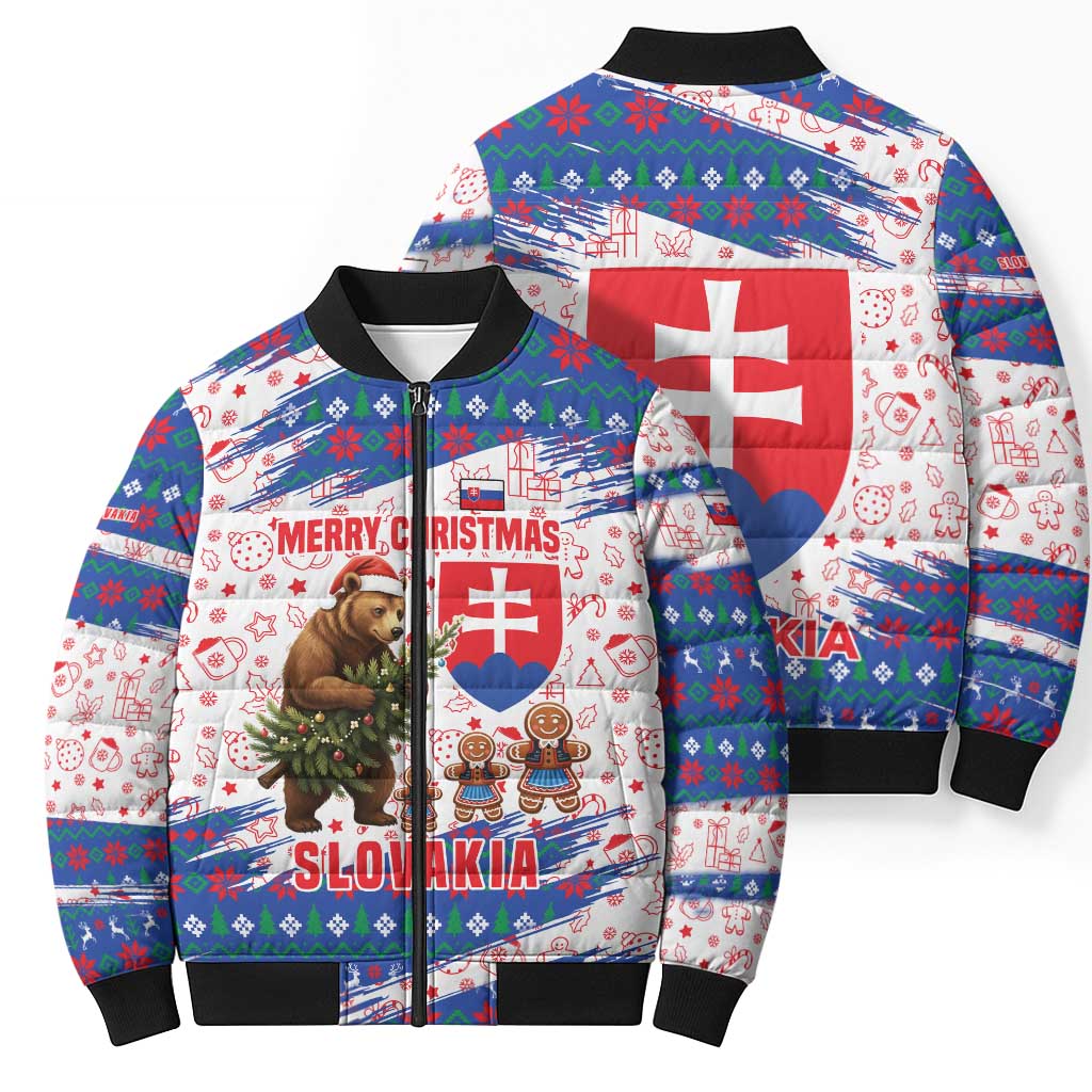 Slovakia Christmas Bomber Puffer Jacket with Bear Holding Tree Gingerbread Cookies and Red Blue Snowflake Pattern Design - Wonder Print Shop