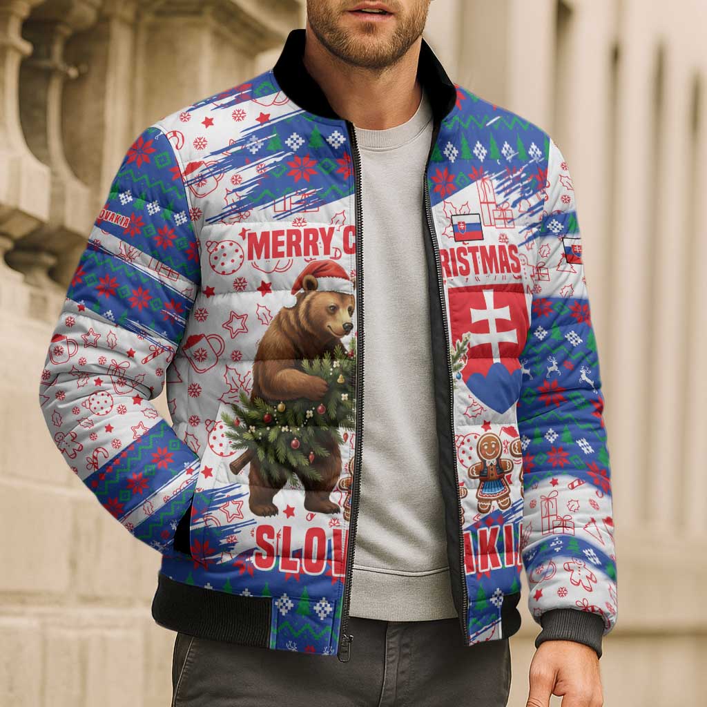 Slovakia Christmas Bomber Puffer Jacket with Bear Holding Tree Gingerbread Cookies and Red Blue Snowflake Pattern Design - Wonder Print Shop