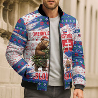 Slovakia Christmas Bomber Puffer Jacket with Bear Holding Tree Gingerbread Cookies and Red Blue Snowflake Pattern Design - Wonder Print Shop