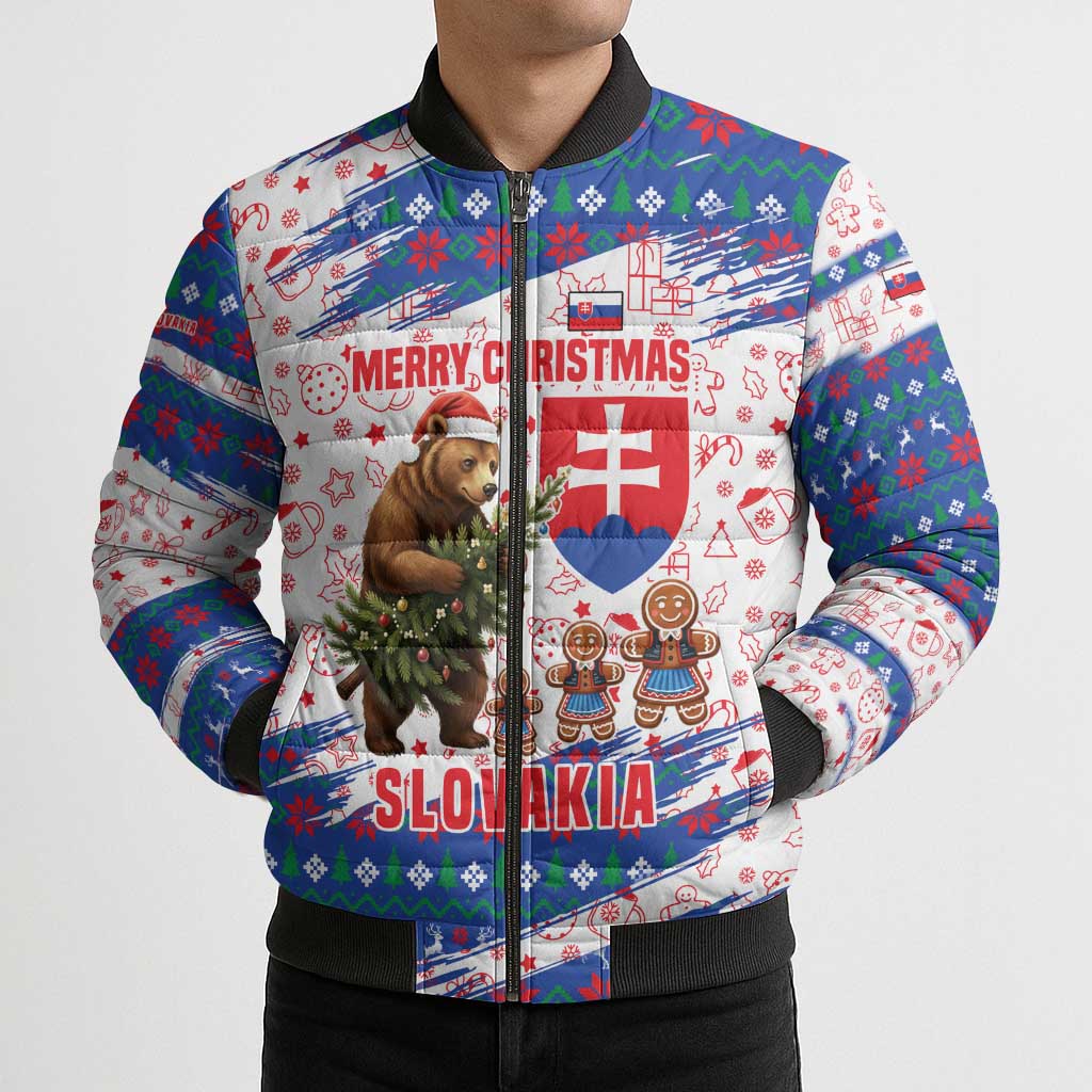 Slovakia Christmas Bomber Puffer Jacket with Bear Holding Tree Gingerbread Cookies and Red Blue Snowflake Pattern Design - Wonder Print Shop