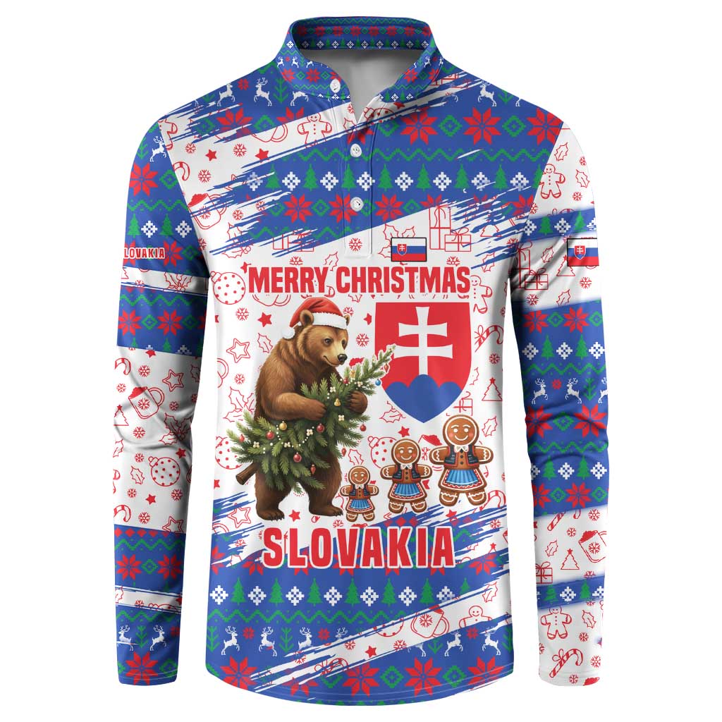Slovakia Christmas Button Sweatshirt with Bear Holding Tree Gingerbread Cookies and Red Blue Snowflake Pattern Design - Wonder Print Shop