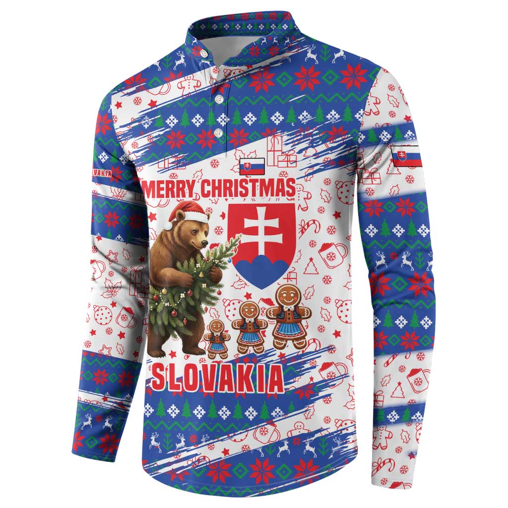 Slovakia Christmas Button Sweatshirt with Bear Holding Tree Gingerbread Cookies and Red Blue Snowflake Pattern Design - Wonder Print Shop