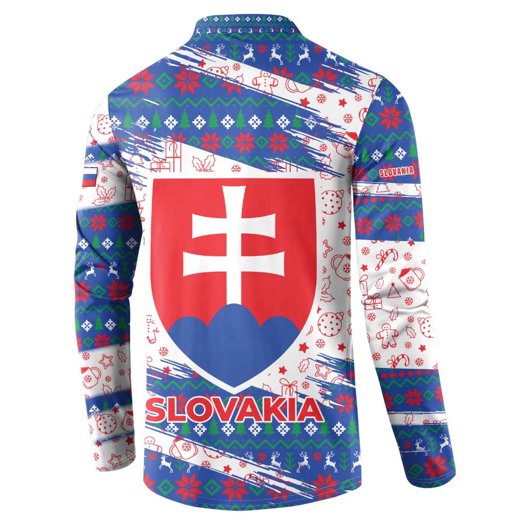 Slovakia Christmas Button Sweatshirt with Bear Holding Tree Gingerbread Cookies and Red Blue Snowflake Pattern Design - Wonder Print Shop