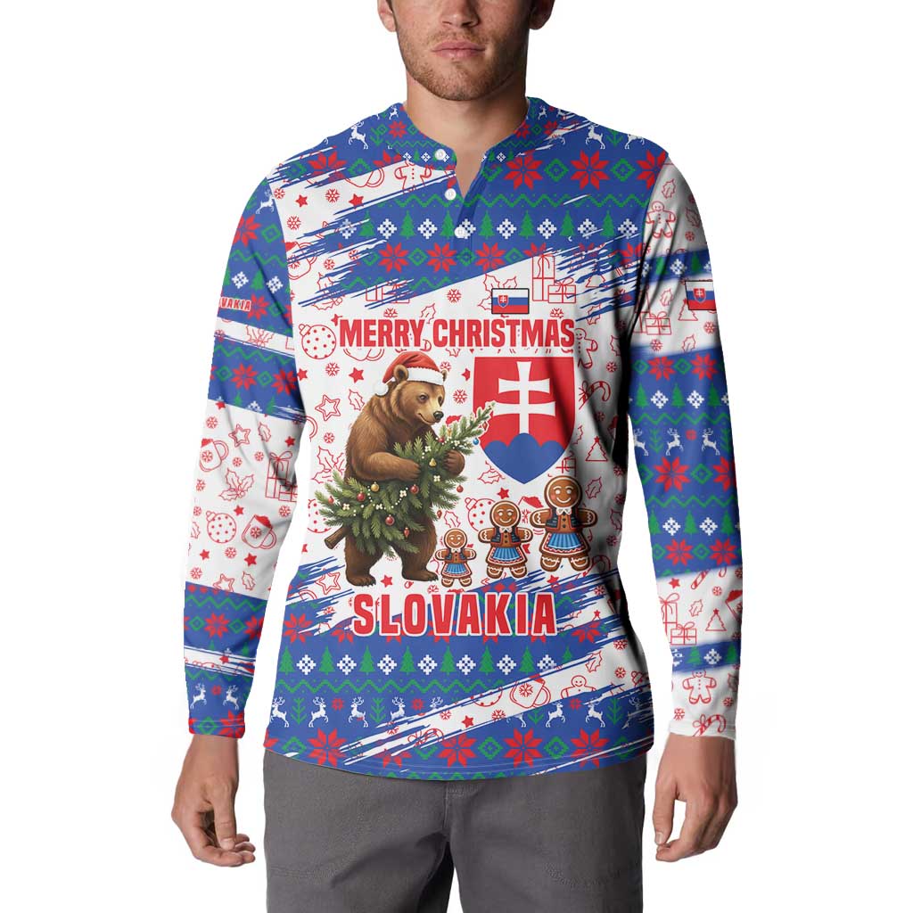 Slovakia Christmas Button Sweatshirt with Bear Holding Tree Gingerbread Cookies and Red Blue Snowflake Pattern Design - Wonder Print Shop