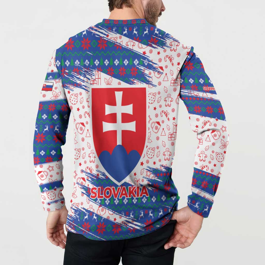 Slovakia Christmas Button Sweatshirt with Bear Holding Tree Gingerbread Cookies and Red Blue Snowflake Pattern Design - Wonder Print Shop