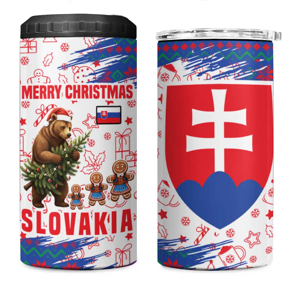 Slovakia Christmas 4 in 1 Can Cooler Tumbler with Bear Holding Tree Gingerbread Cookies and Red Blue Snowflake Pattern Design - Wonder Print Shop