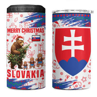 Slovakia Christmas 4 in 1 Can Cooler Tumbler with Bear Holding Tree Gingerbread Cookies and Red Blue Snowflake Pattern Design - Wonder Print Shop