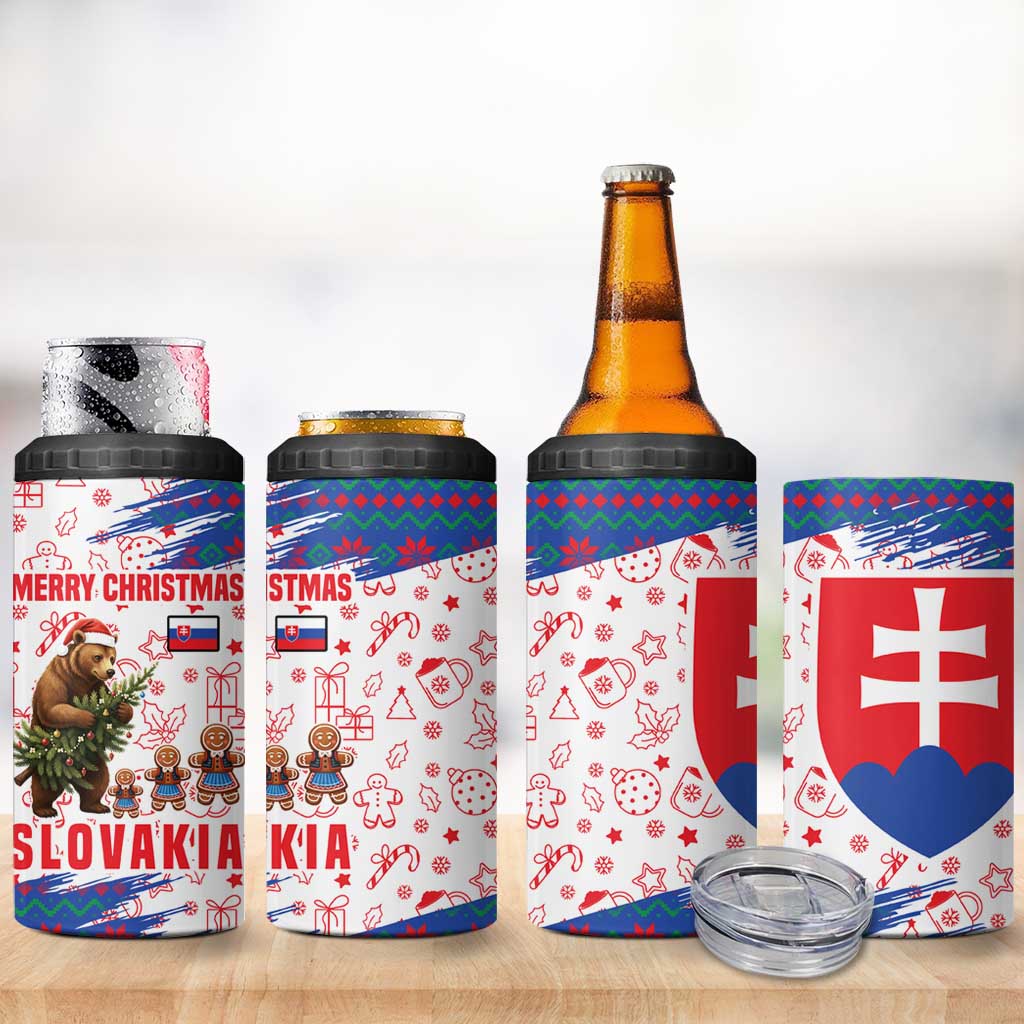 Slovakia Christmas 4 in 1 Can Cooler Tumbler with Bear Holding Tree Gingerbread Cookies and Red Blue Snowflake Pattern Design - Wonder Print Shop