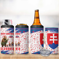 Slovakia Christmas 4 in 1 Can Cooler Tumbler with Bear Holding Tree Gingerbread Cookies and Red Blue Snowflake Pattern Design - Wonder Print Shop