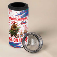 Slovakia Christmas 4 in 1 Can Cooler Tumbler with Bear Holding Tree Gingerbread Cookies and Red Blue Snowflake Pattern Design - Wonder Print Shop