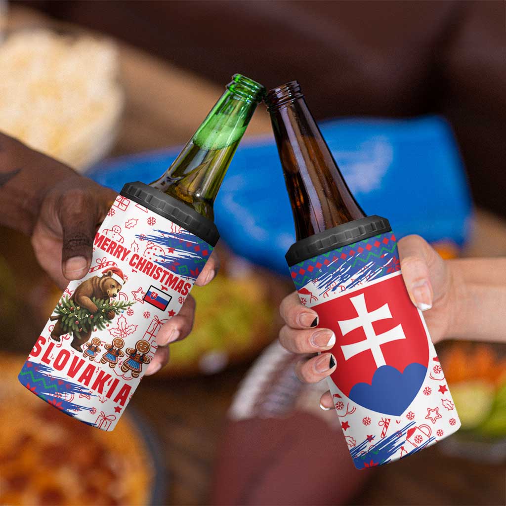 Slovakia Christmas 4 in 1 Can Cooler Tumbler with Bear Holding Tree Gingerbread Cookies and Red Blue Snowflake Pattern Design - Wonder Print Shop