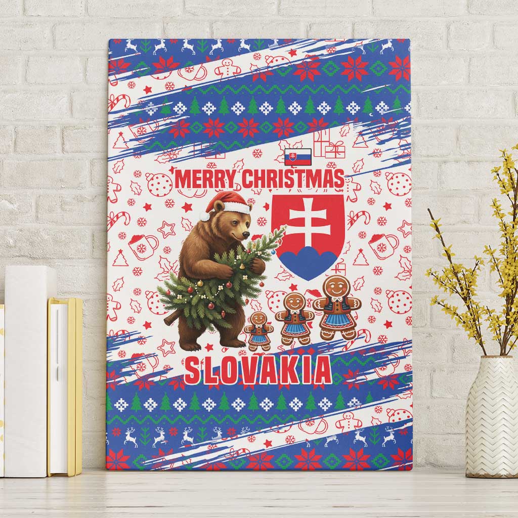 Slovakia Christmas Canvas Wall Art with Bear Holding Tree Gingerbread Cookies and Red Blue Snowflake Pattern Design - Wonder Print Shop