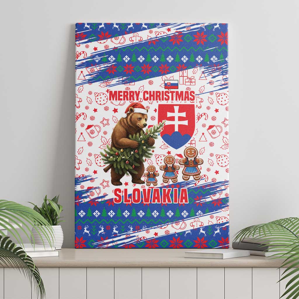 Slovakia Christmas Canvas Wall Art with Bear Holding Tree Gingerbread Cookies and Red Blue Snowflake Pattern Design - Wonder Print Shop