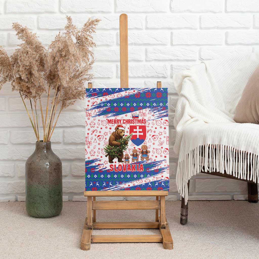 Slovakia Christmas Canvas Wall Art with Bear Holding Tree Gingerbread Cookies and Red Blue Snowflake Pattern Design - Wonder Print Shop