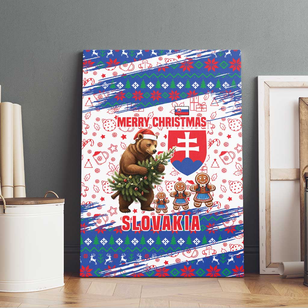 Slovakia Christmas Canvas Wall Art with Bear Holding Tree Gingerbread Cookies and Red Blue Snowflake Pattern Design - Wonder Print Shop