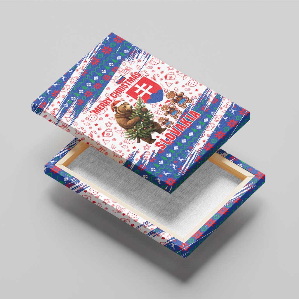 Slovakia Christmas Canvas Wall Art with Bear Holding Tree Gingerbread Cookies and Red Blue Snowflake Pattern Design - Wonder Print Shop