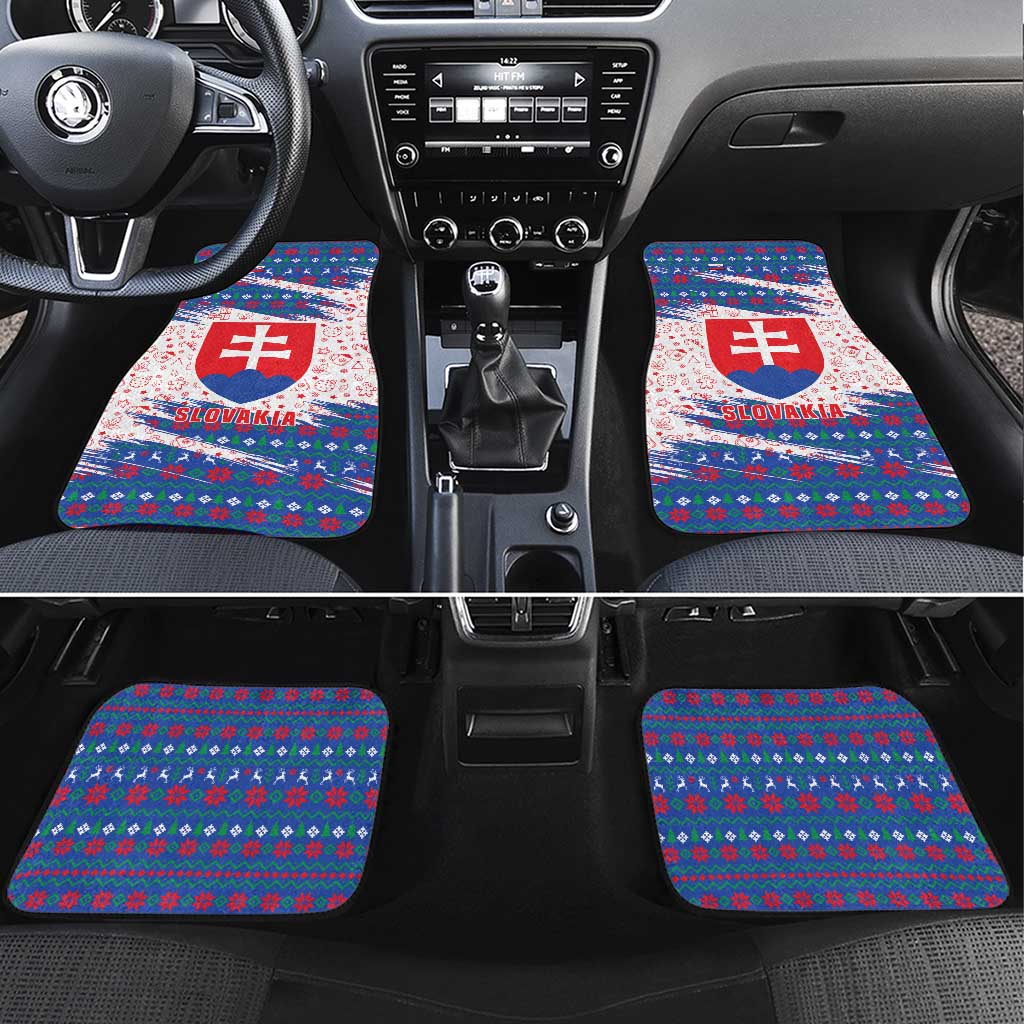 Slovakia Christmas Car Mats with Bear Holding Tree Gingerbread Cookies and Red Blue Snowflake Pattern Design - Wonder Print Shop