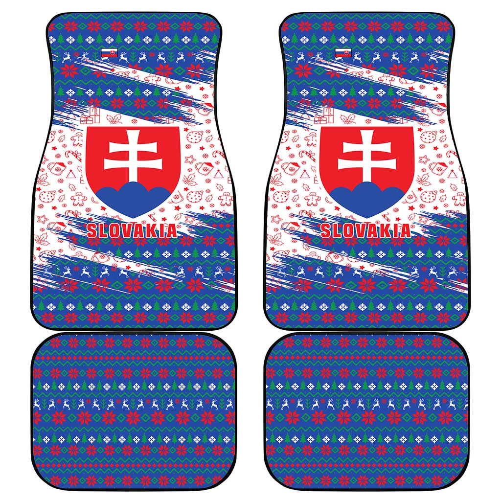 Slovakia Christmas Car Mats with Bear Holding Tree Gingerbread Cookies and Red Blue Snowflake Pattern Design - Wonder Print Shop