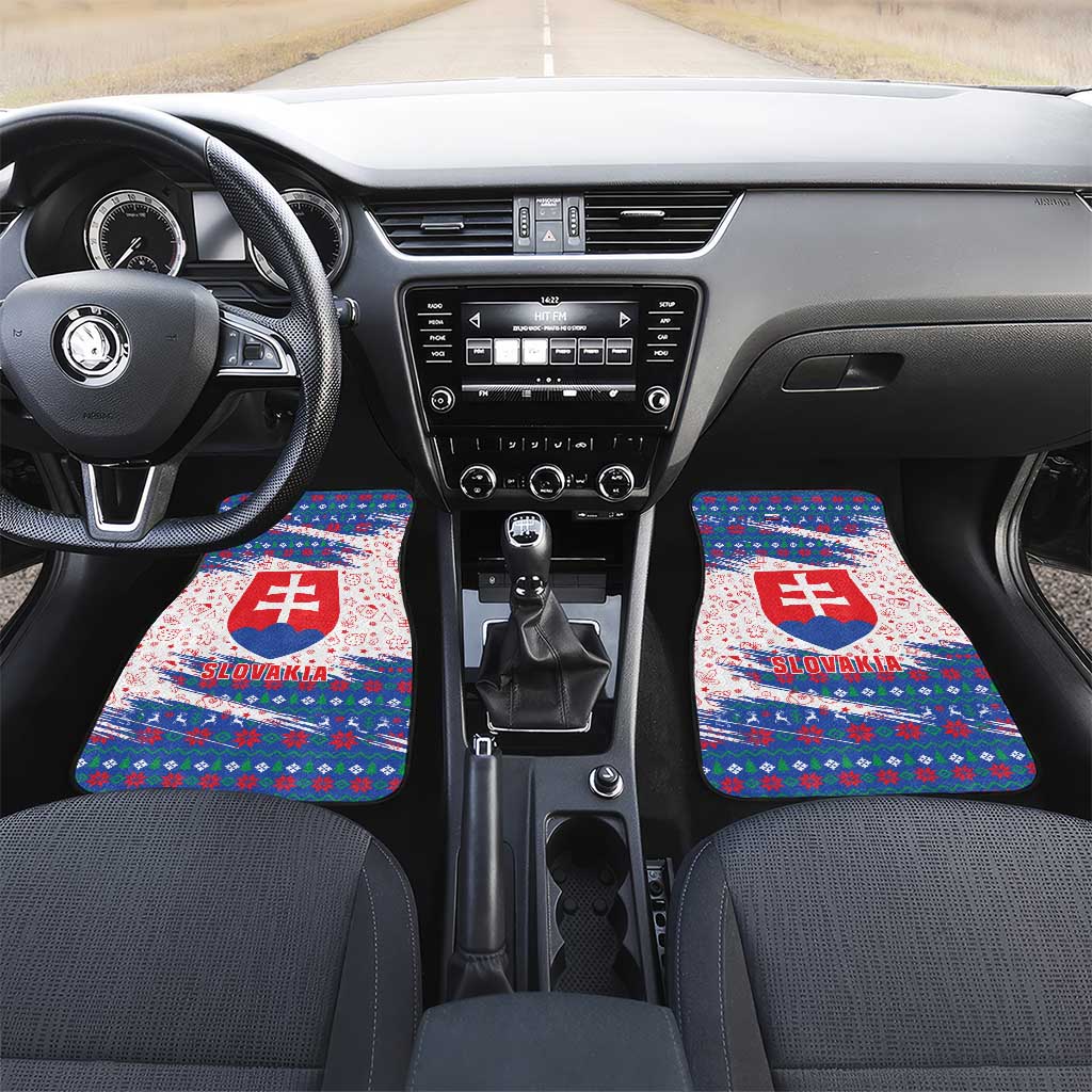 Slovakia Christmas Car Mats with Bear Holding Tree Gingerbread Cookies and Red Blue Snowflake Pattern Design - Wonder Print Shop