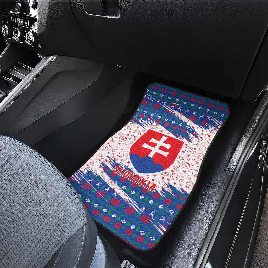 Slovakia Christmas Car Mats with Bear Holding Tree Gingerbread Cookies and Red Blue Snowflake Pattern Design - Wonder Print Shop