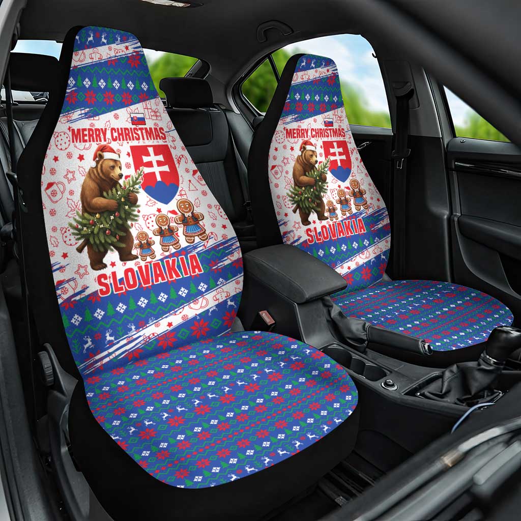Slovakia Christmas Car Seat Cover with Bear Holding Tree Gingerbread Cookies and Red Blue Snowflake Pattern Design - Wonder Print Shop