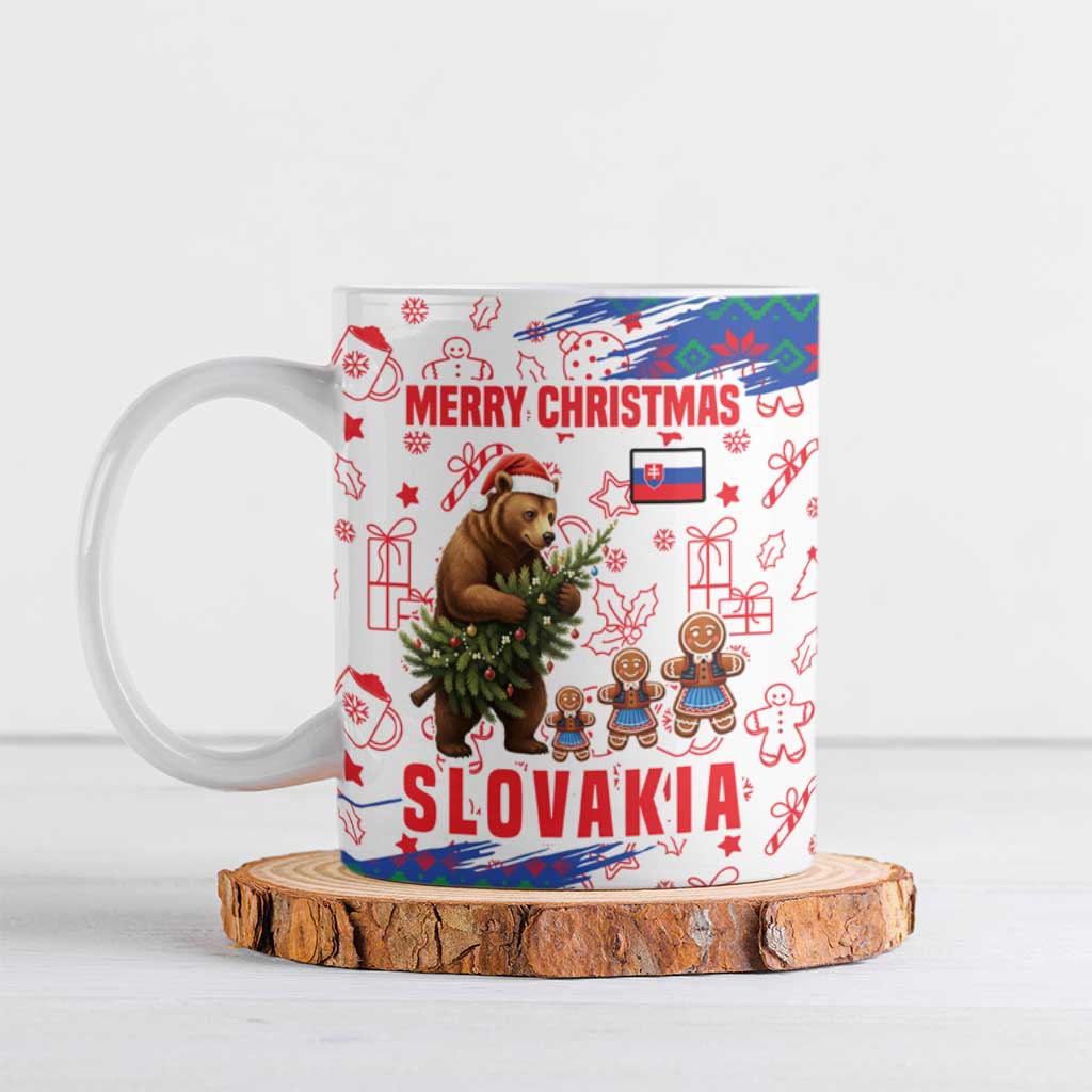 Slovakia Christmas Ceramic Mug with Bear Holding Tree Gingerbread Cookies and Red Blue Snowflake Pattern Design - Wonder Print Shop