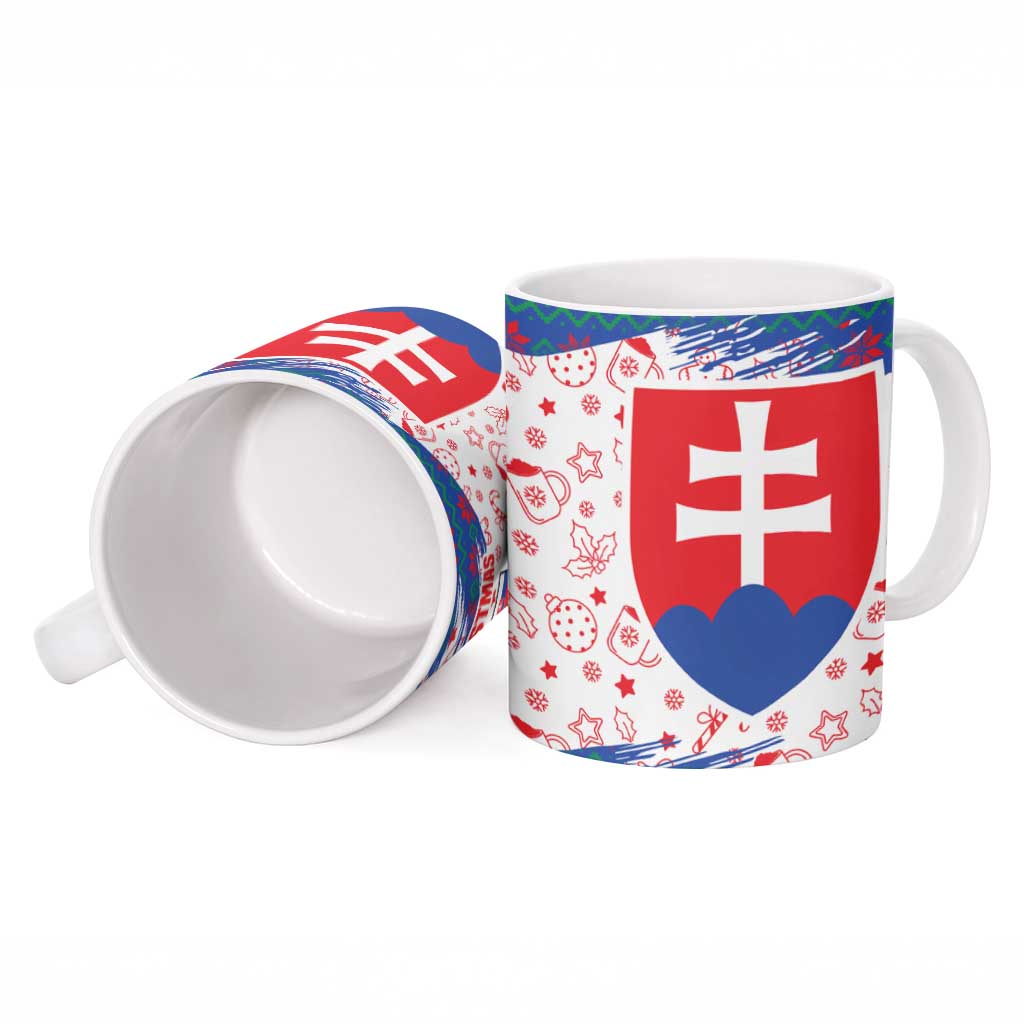 Slovakia Christmas Ceramic Mug with Bear Holding Tree Gingerbread Cookies and Red Blue Snowflake Pattern Design - Wonder Print Shop