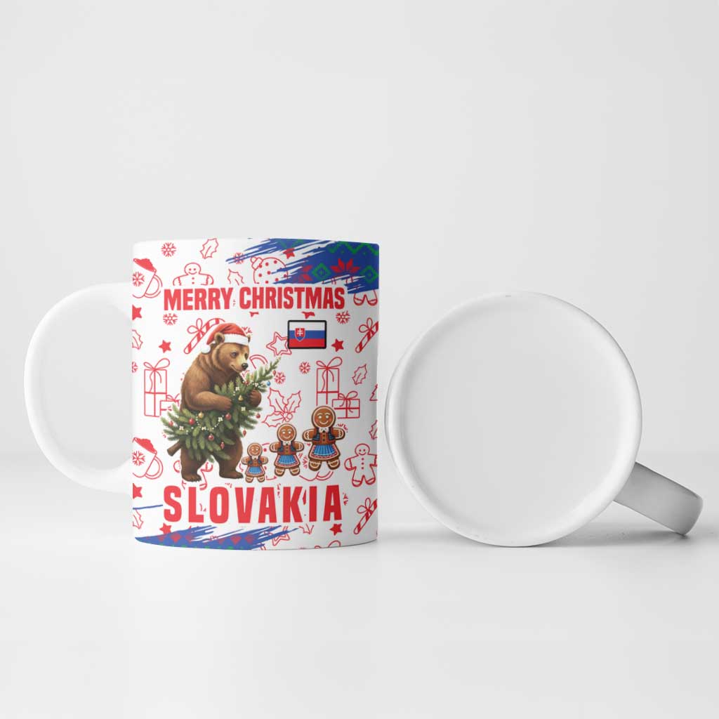 Slovakia Christmas Ceramic Mug with Bear Holding Tree Gingerbread Cookies and Red Blue Snowflake Pattern Design - Wonder Print Shop