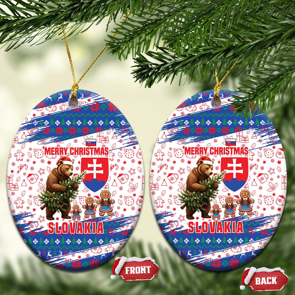Slovakia Christmas Ceramic Ornament with Bear Holding Tree Gingerbread Cookies and Red Blue Snowflake Pattern Design - Wonder Print Shop
