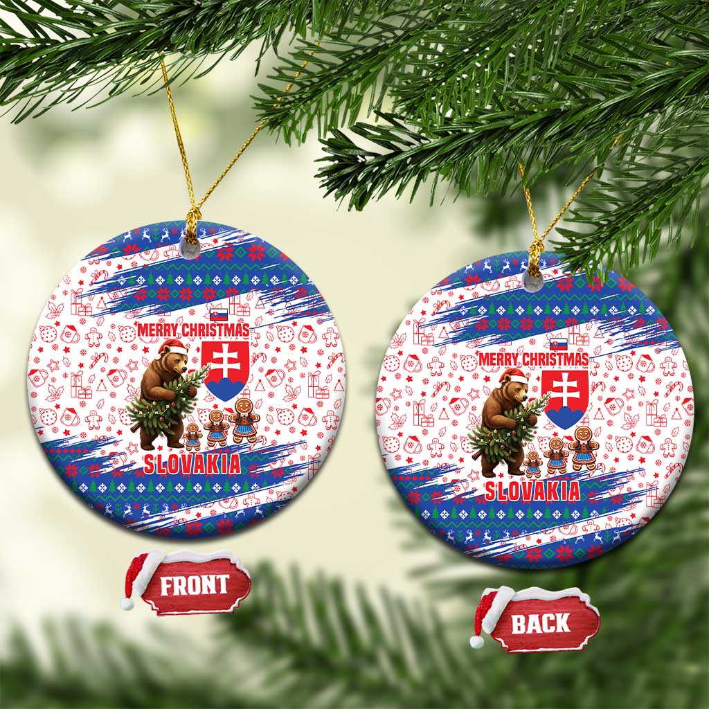 Slovakia Christmas Ceramic Ornament with Bear Holding Tree Gingerbread Cookies and Red Blue Snowflake Pattern Design - Wonder Print Shop