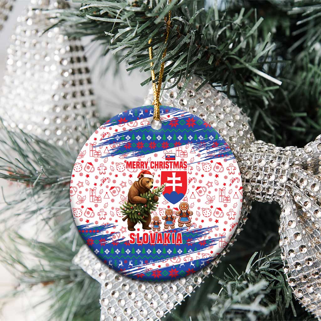 Slovakia Christmas Ceramic Ornament with Bear Holding Tree Gingerbread Cookies and Red Blue Snowflake Pattern Design - Wonder Print Shop