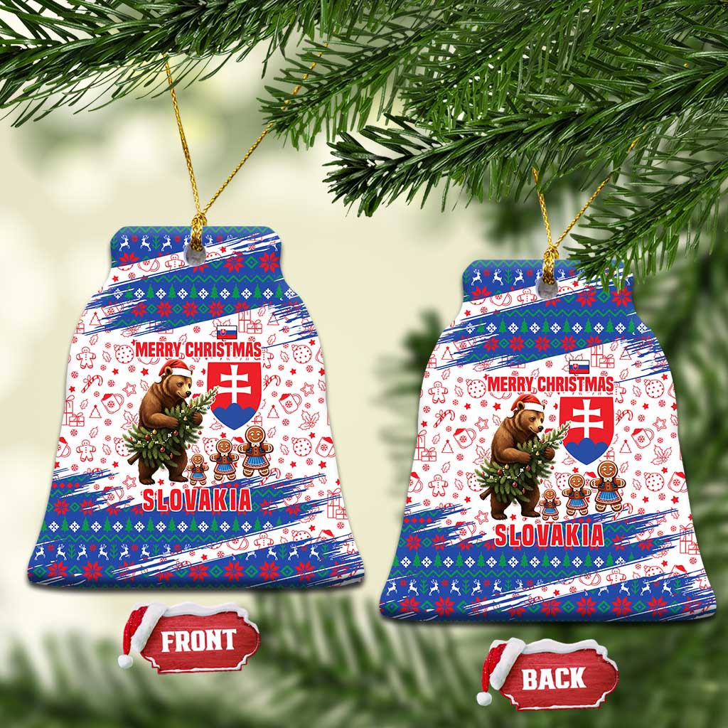 Slovakia Christmas Ceramic Ornament with Bear Holding Tree Gingerbread Cookies and Red Blue Snowflake Pattern Design - Wonder Print Shop