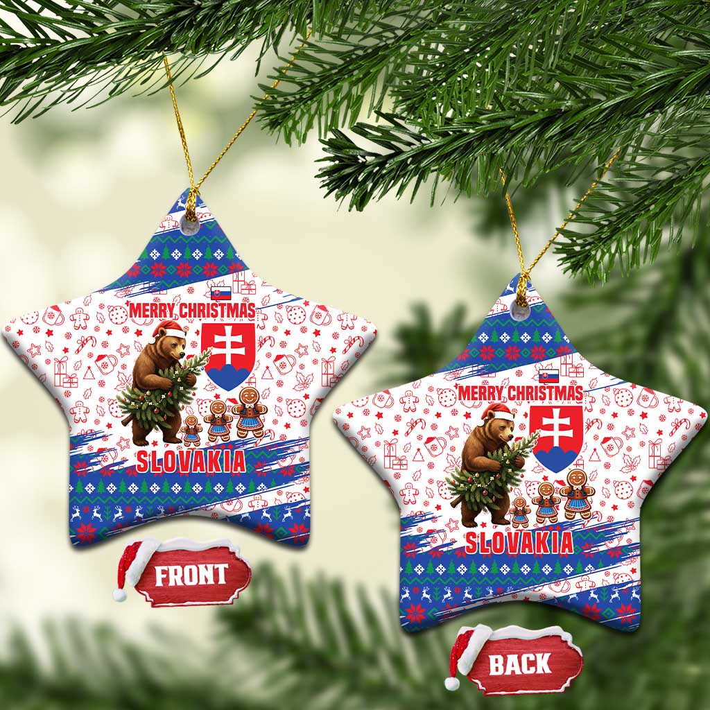 Slovakia Christmas Ceramic Ornament with Bear Holding Tree Gingerbread Cookies and Red Blue Snowflake Pattern Design - Wonder Print Shop