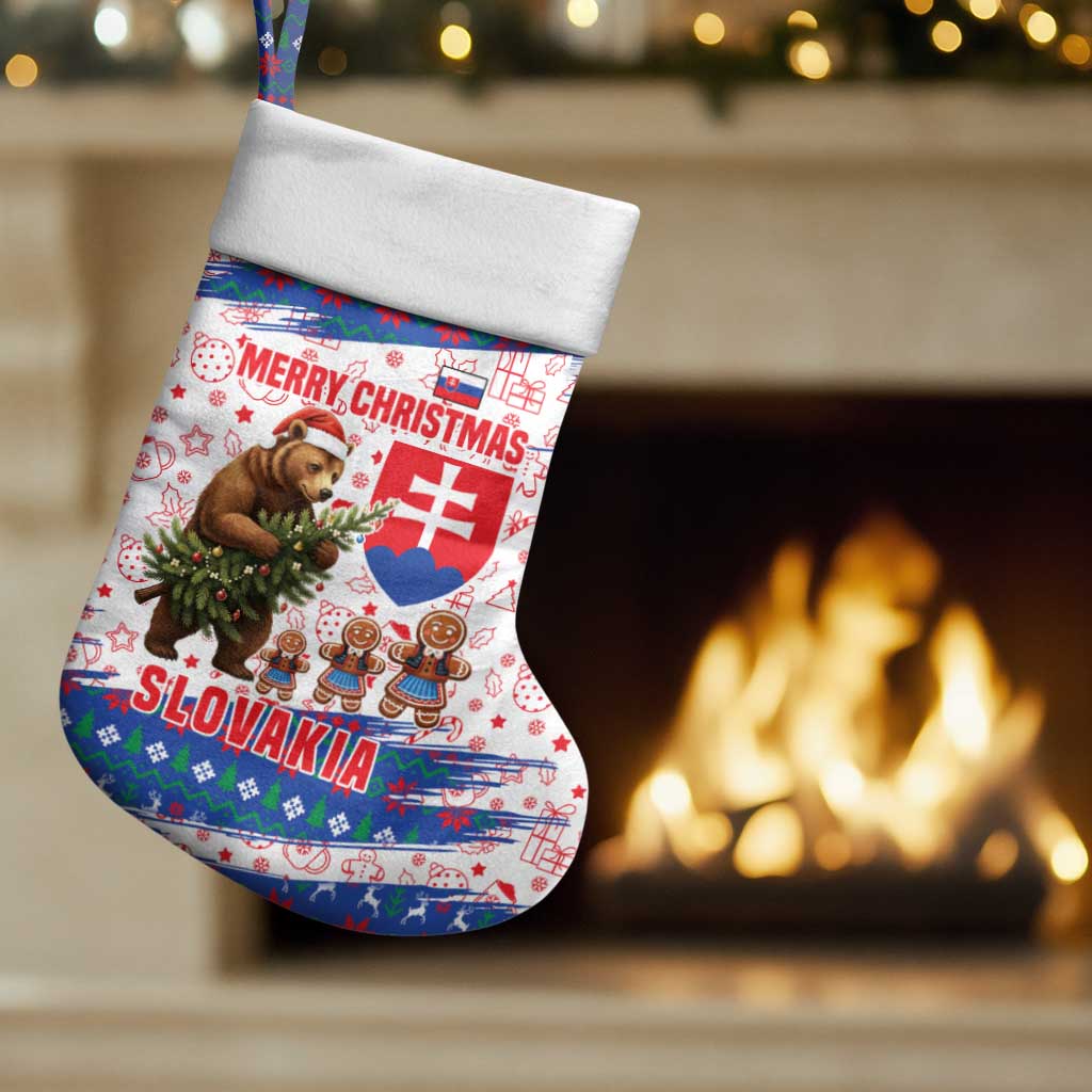 Slovakia Christmas Stocking with Bear Holding Tree Gingerbread Cookies and Red Blue Snowflake Pattern Design - Wonder Print Shop