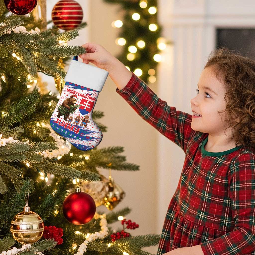 Slovakia Christmas Stocking with Bear Holding Tree Gingerbread Cookies and Red Blue Snowflake Pattern Design - Wonder Print Shop