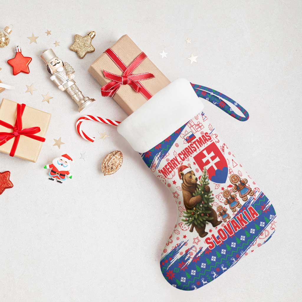 Slovakia Christmas Stocking with Bear Holding Tree Gingerbread Cookies and Red Blue Snowflake Pattern Design - Wonder Print Shop