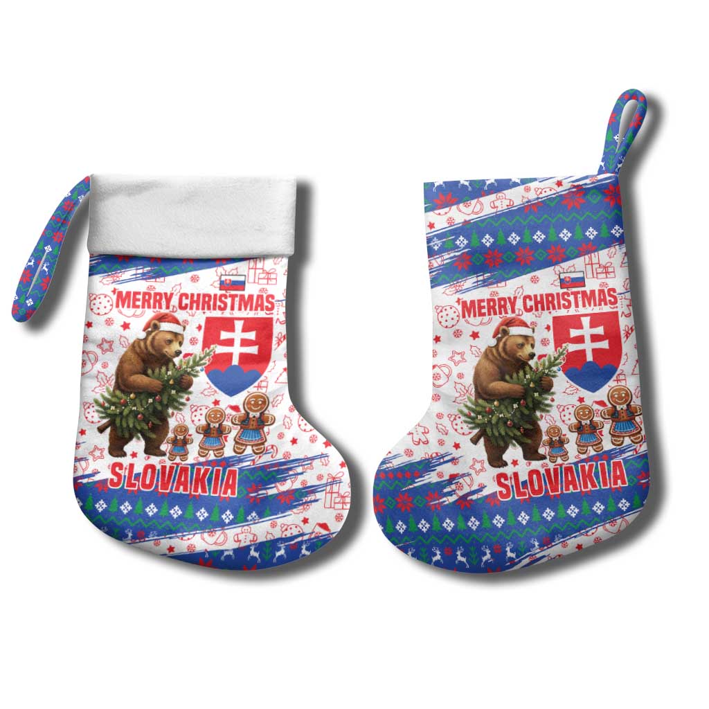 Slovakia Christmas Stocking with Bear Holding Tree Gingerbread Cookies and Red Blue Snowflake Pattern Design - Wonder Print Shop