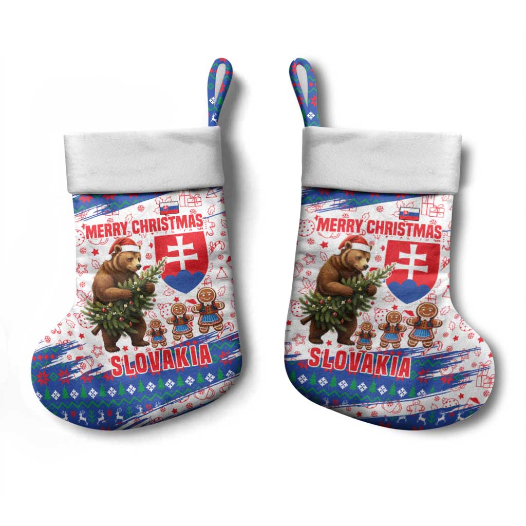 Slovakia Christmas Stocking with Bear Holding Tree Gingerbread Cookies and Red Blue Snowflake Pattern Design - Wonder Print Shop