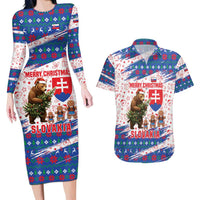Slovakia Christmas Couples Matching Long Sleeve Bodycon Dress and Hawaiian Shirt with Bear Holding Tree Gingerbread Cookies and Red Blue Snowflake Pattern Design - Wonder Print Shop